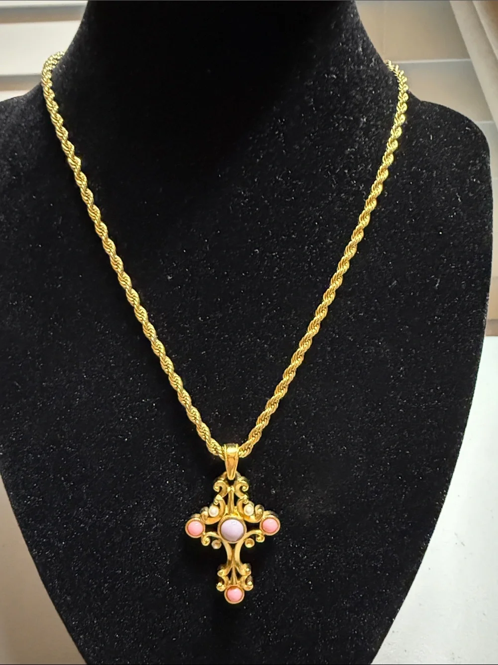 Elegant Goldtone Cross Pendant Necklace with Pink and Lavender Cabochons